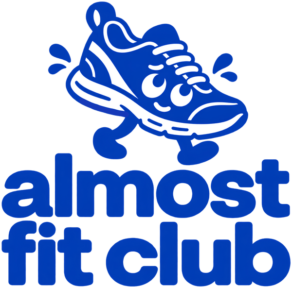 Blue logo graphic featuring a cartoon running shoe above the words 'almost fit club' on a white background.